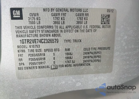 2012 GMC Sierra 1500 Sle z USA, uszkodzony, nr VIN 1GTR2VE74CZ326579